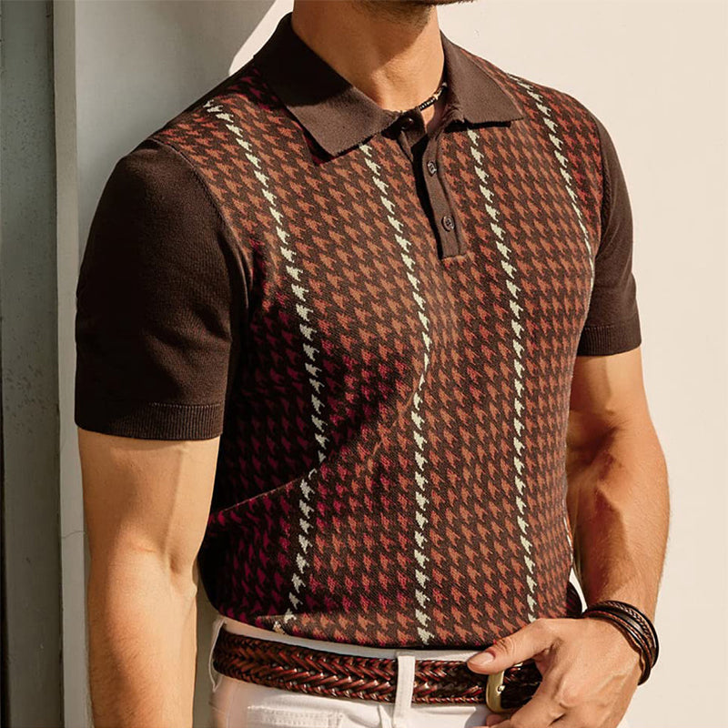 men's short-sleeve knit polo tee with point collar houndstooth jacquard panel