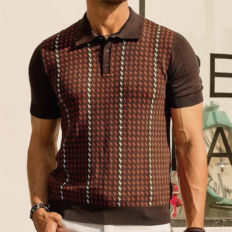 men's short-sleeve knit polo tee with point collar houndstooth jacquard panel