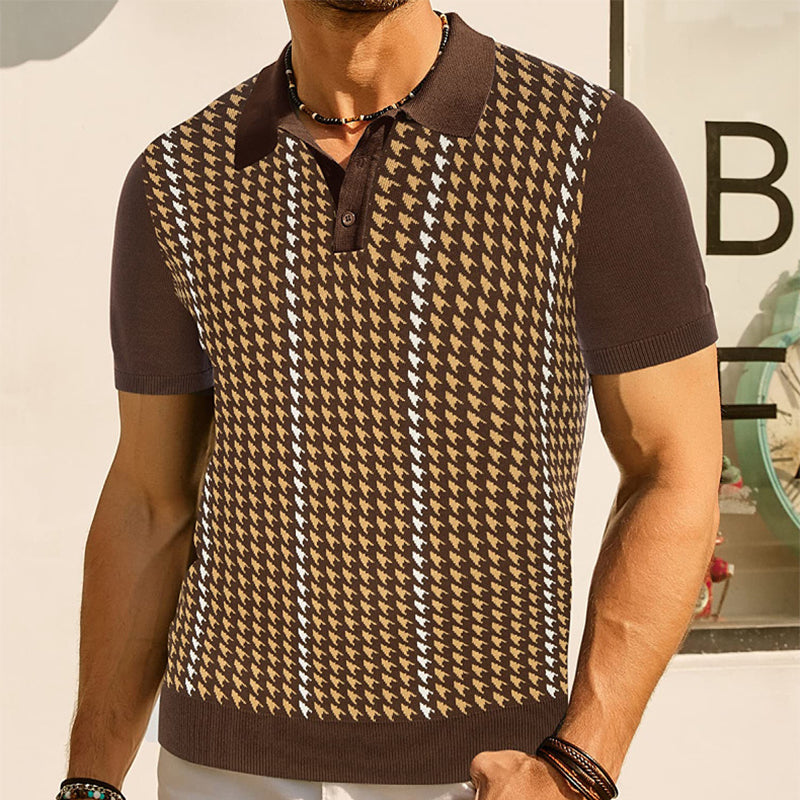 men's short-sleeve knit polo tee with point collar houndstooth jacquard panel