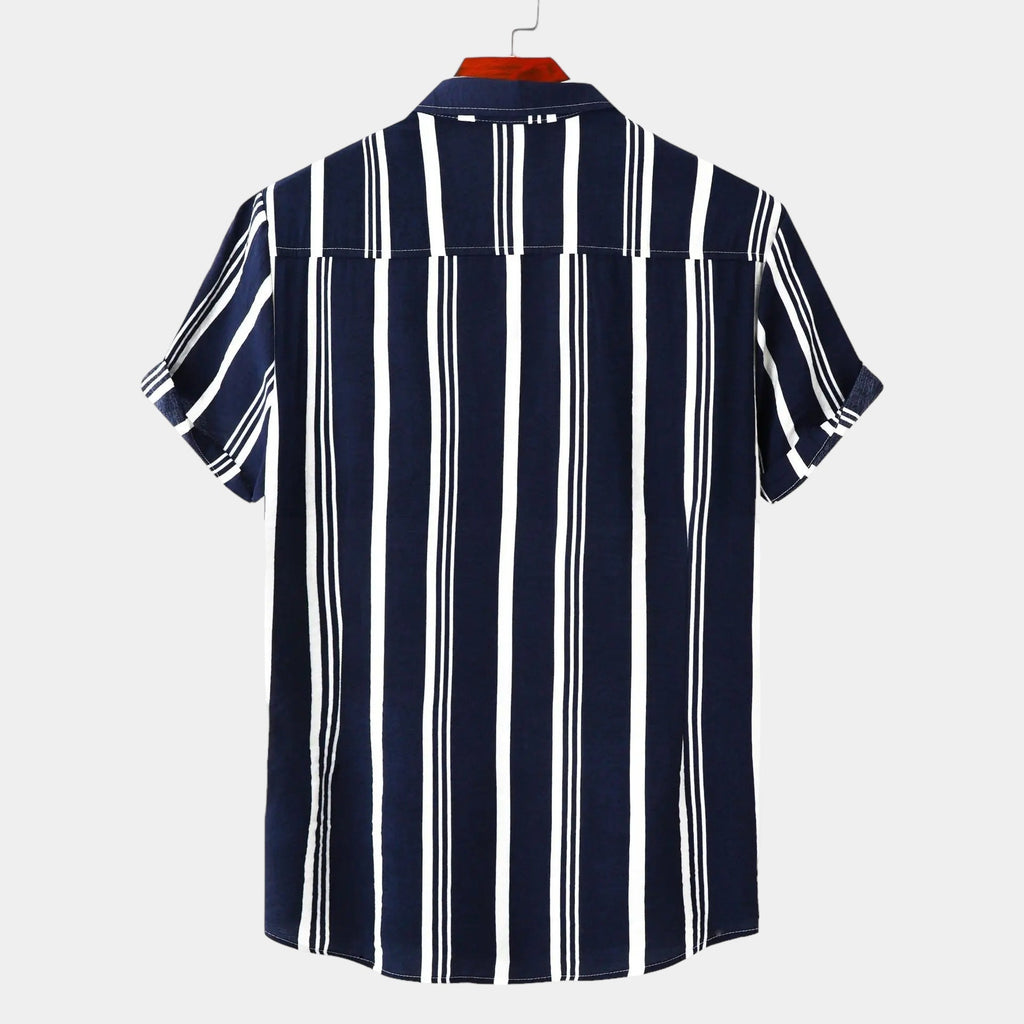 men's vertical stripe button-up short sleeve shirt