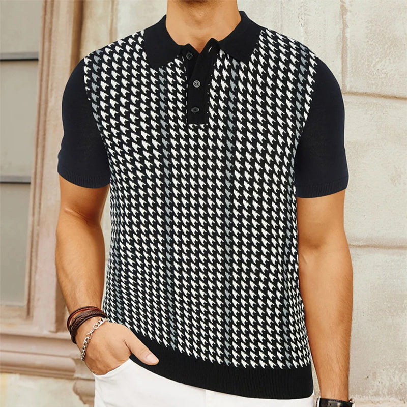 men's short-sleeve knit polo tee with point collar houndstooth jacquard panel