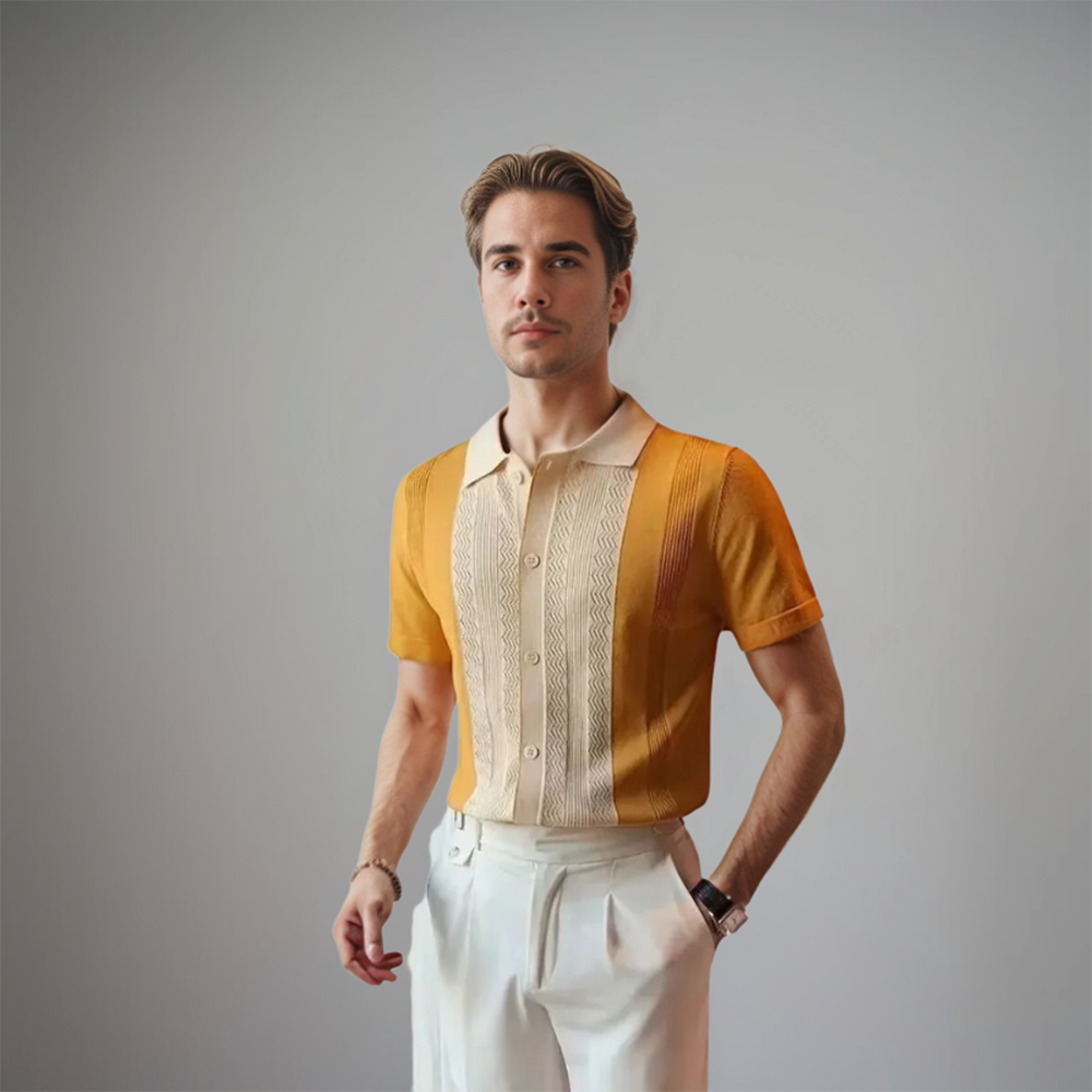 men's short sleeve polo shirt with contrasting center panel