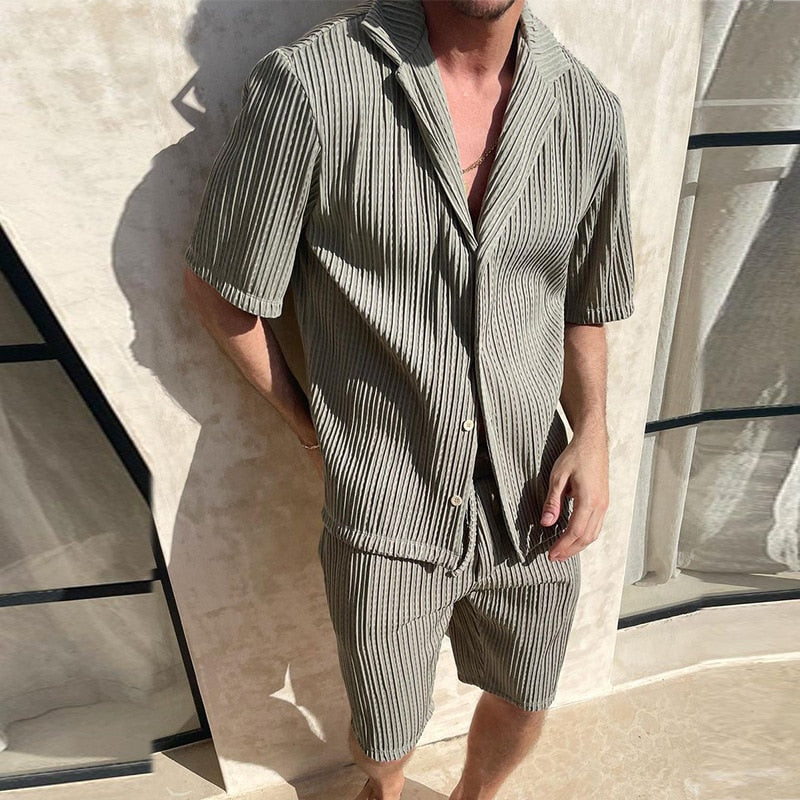 two-piece men's textured short-sleeve shirt and drawstring shorts set