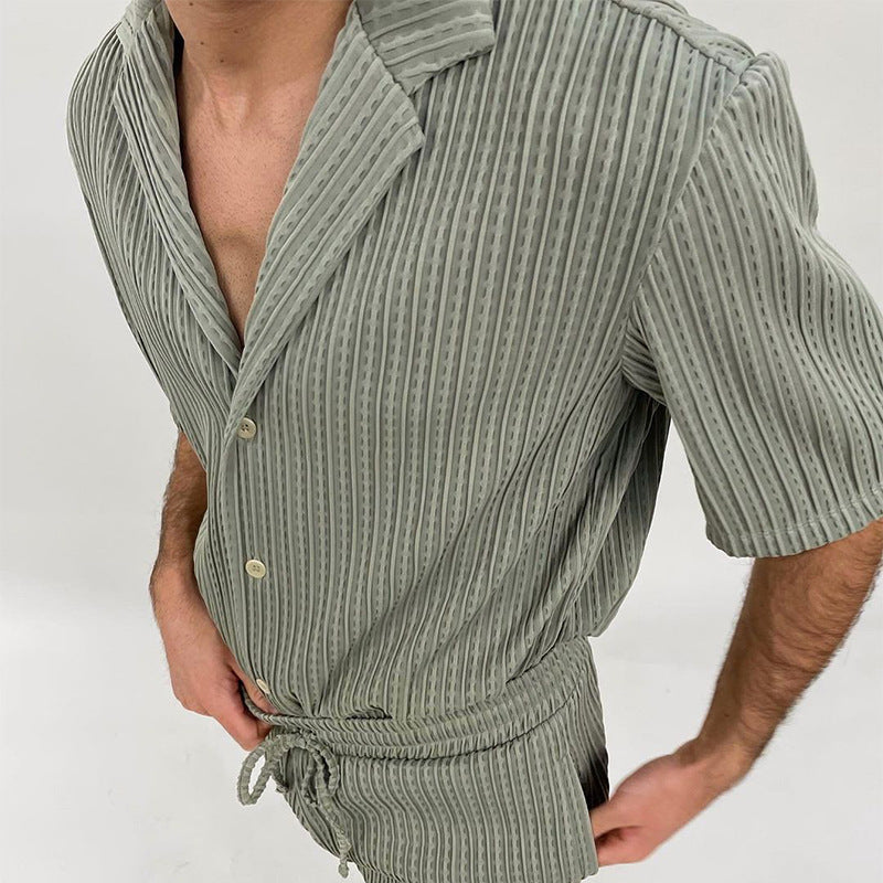 two-piece men's textured short-sleeve shirt and drawstring shorts set