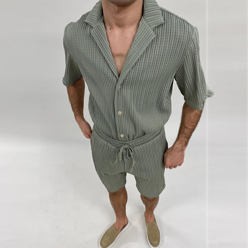 two-piece men's textured short-sleeve shirt and drawstring shorts set