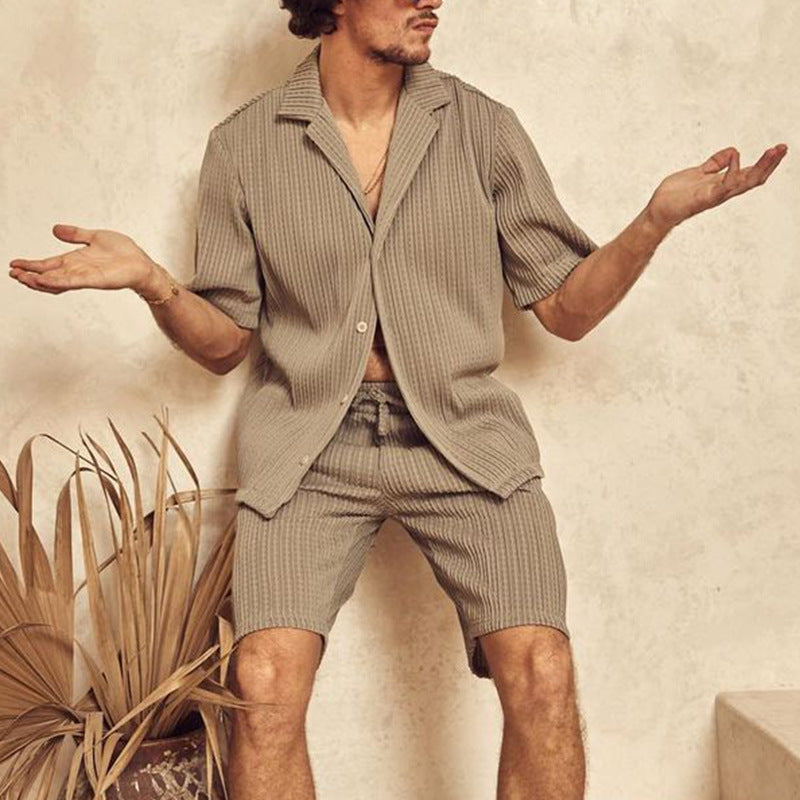 two-piece men's textured short-sleeve shirt and drawstring shorts set