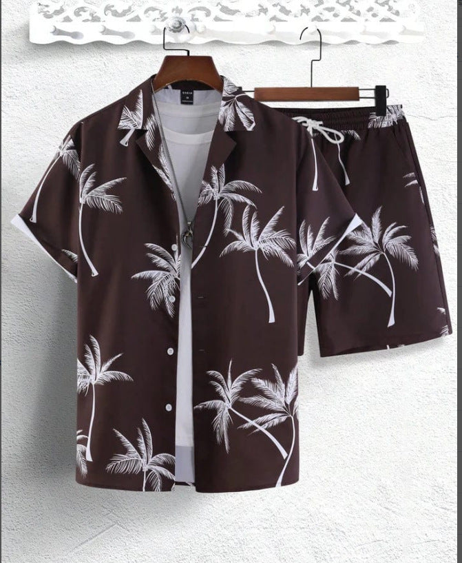 palm print short sleeve shirt and drawstring shorts two piece summer set for men