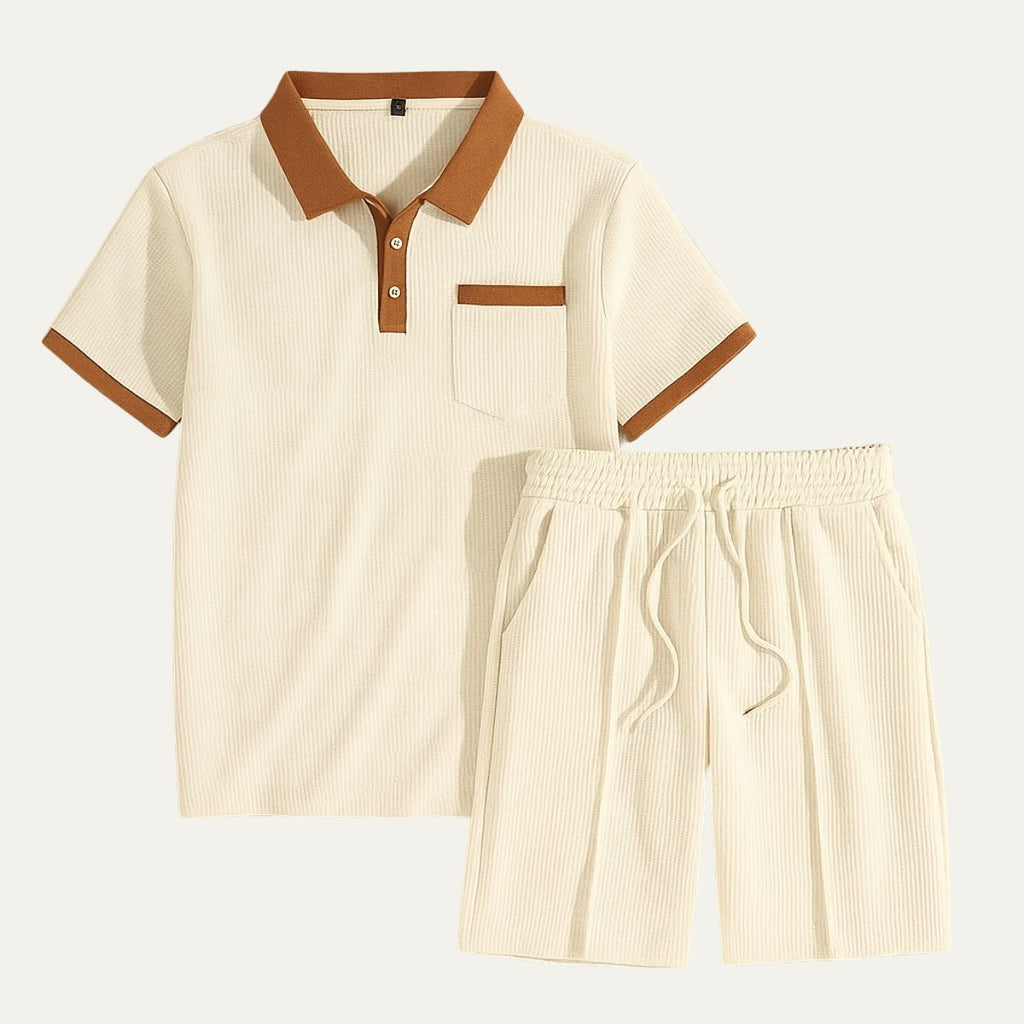 men's waffle texture short set with polo shirt drawstring shorts contrast trim