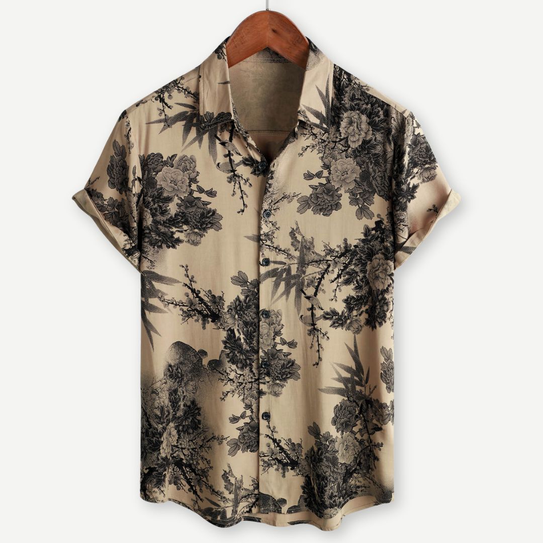 men's short sleeve button down shirt with printed point collar casual style