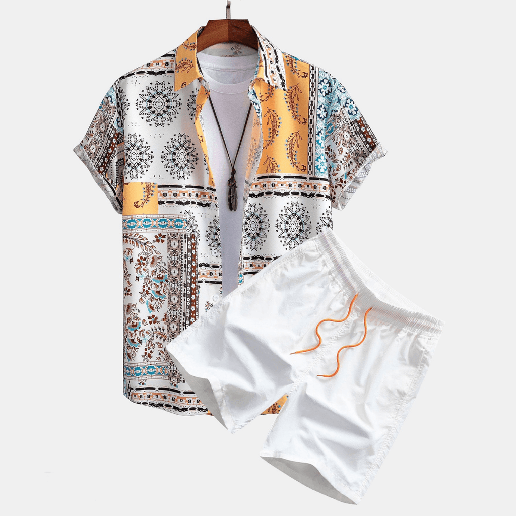 two piece set men's short sleeve printed shirt and drawstring shorts