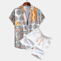 two piece set men's short sleeve printed shirt and drawstring shorts