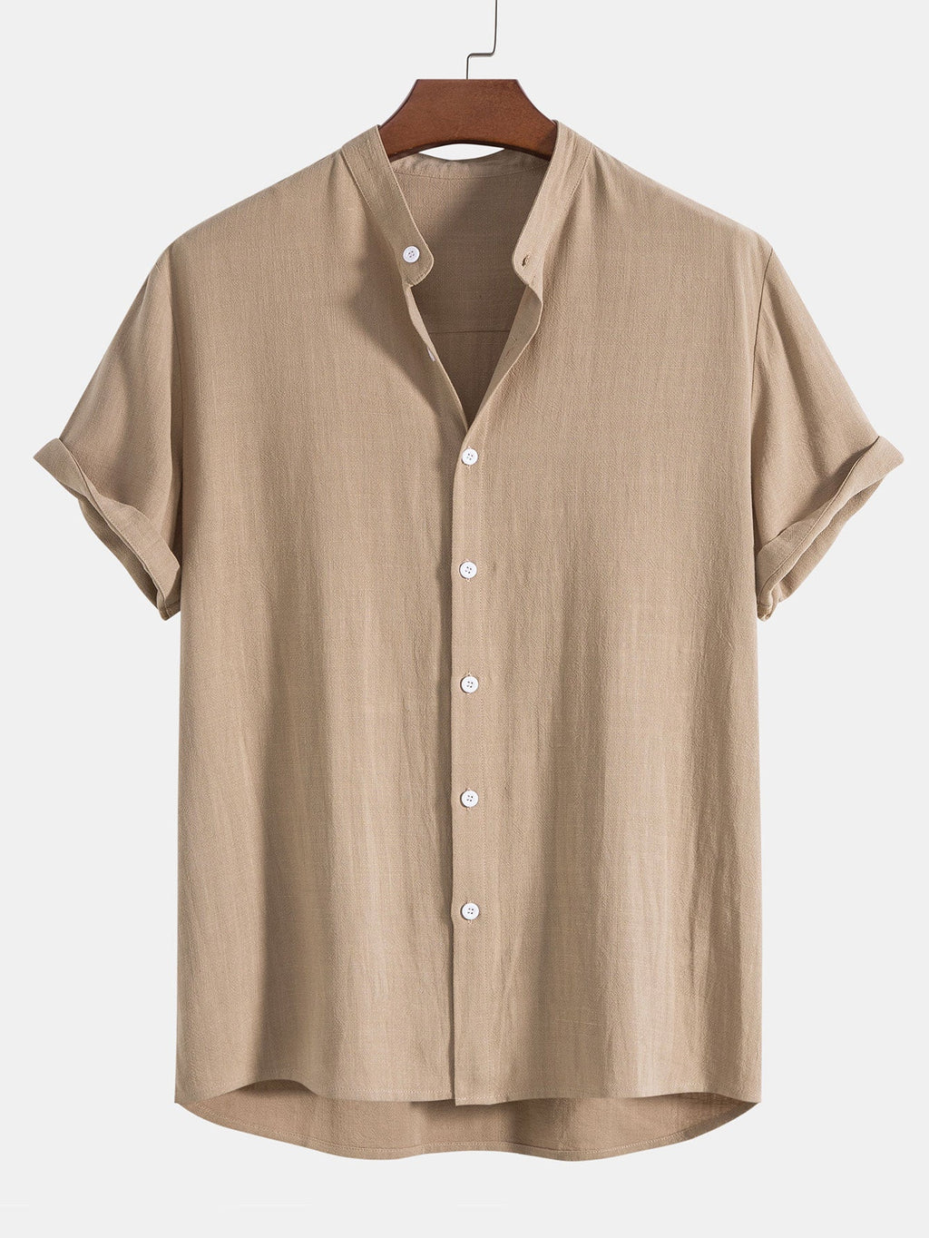 men's linen blend short sleeve shirt with stand collar and button front