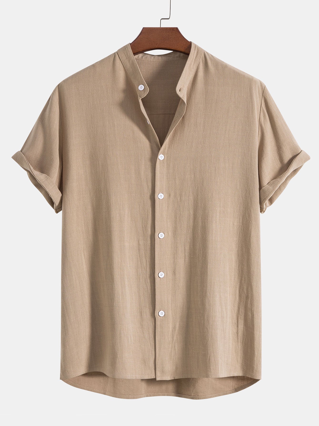 men's linen blend short sleeve shirt with stand collar and button front