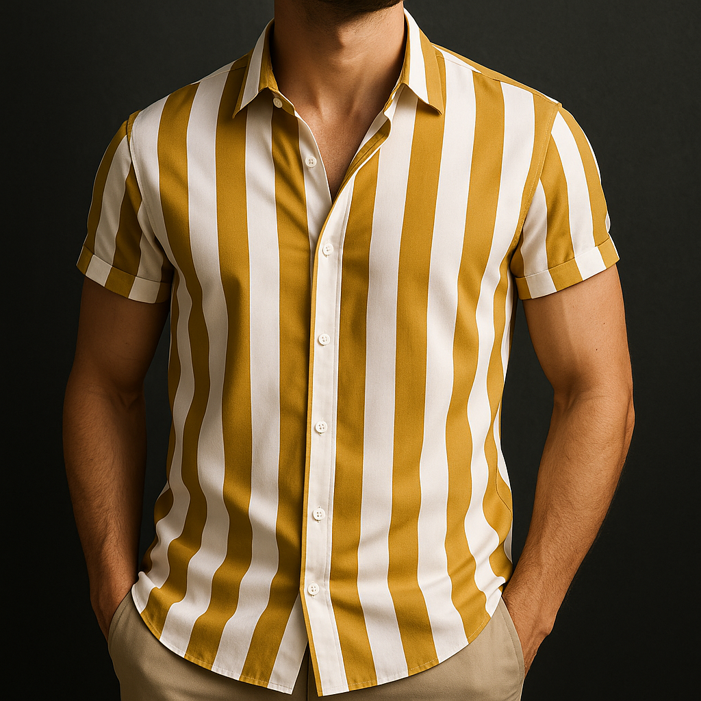 men's short sleeve button-up shirt with vertical stripe