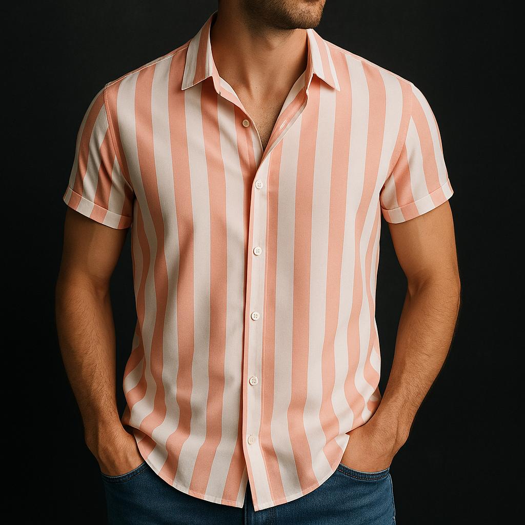men's short sleeve button-up shirt with vertical stripe