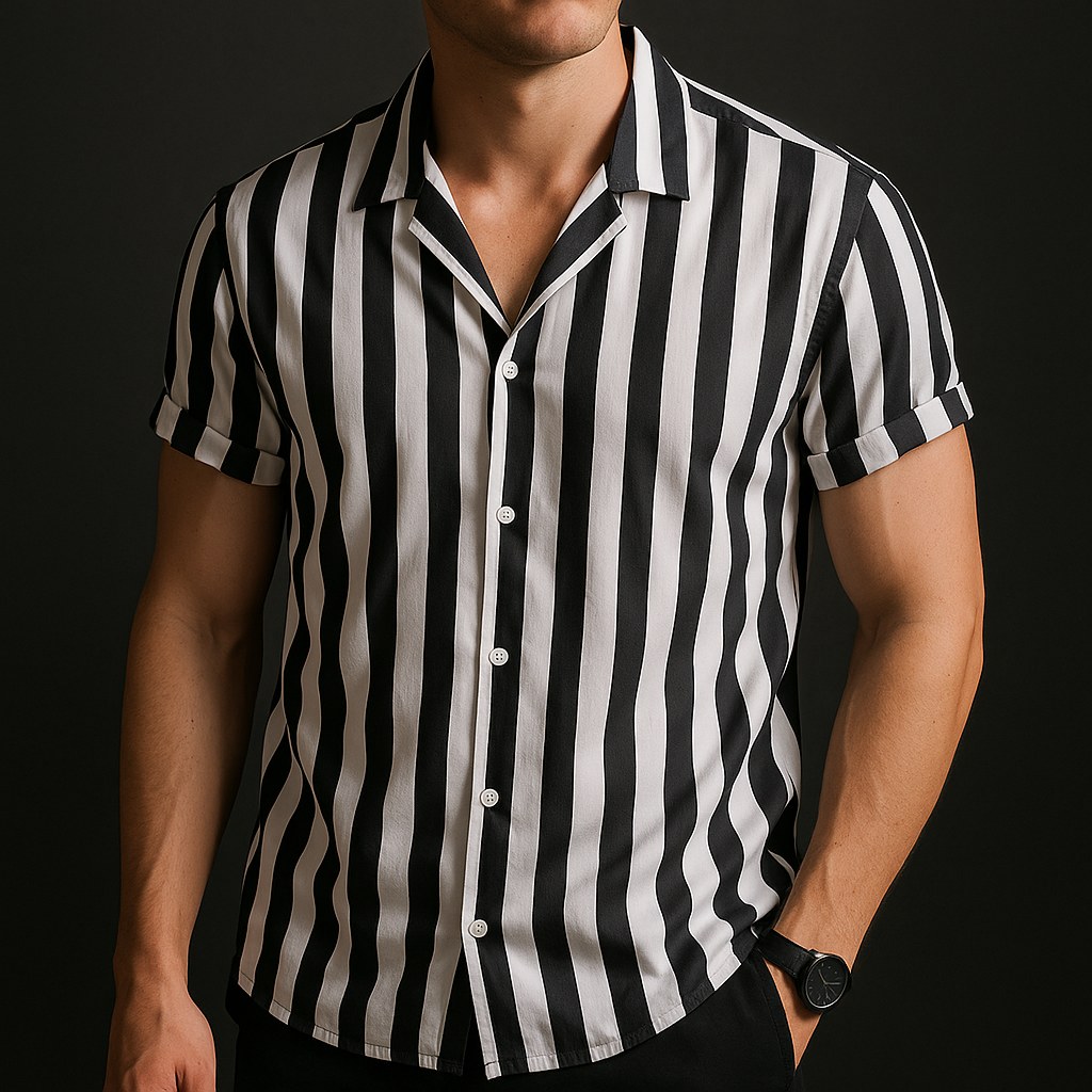 men's short sleeve button-up shirt with vertical stripe