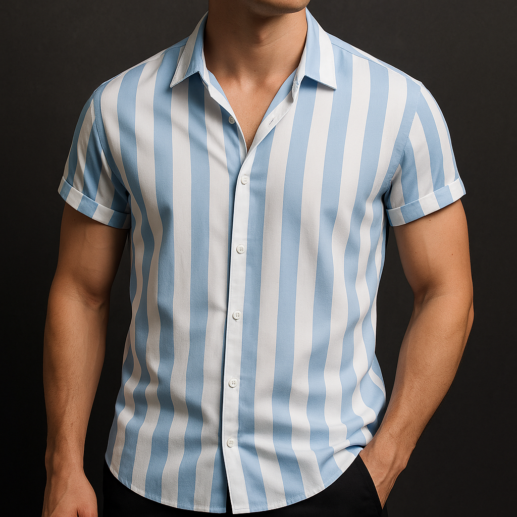 men's short sleeve button-up shirt with vertical stripe