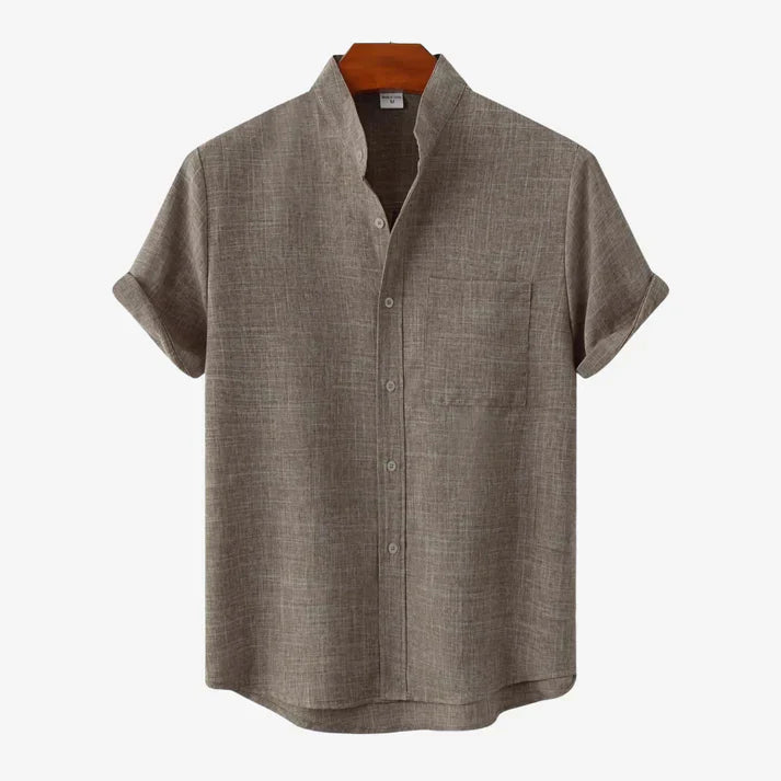 men's linen-blend short-sleeve shirt with band collar and button-down pocket