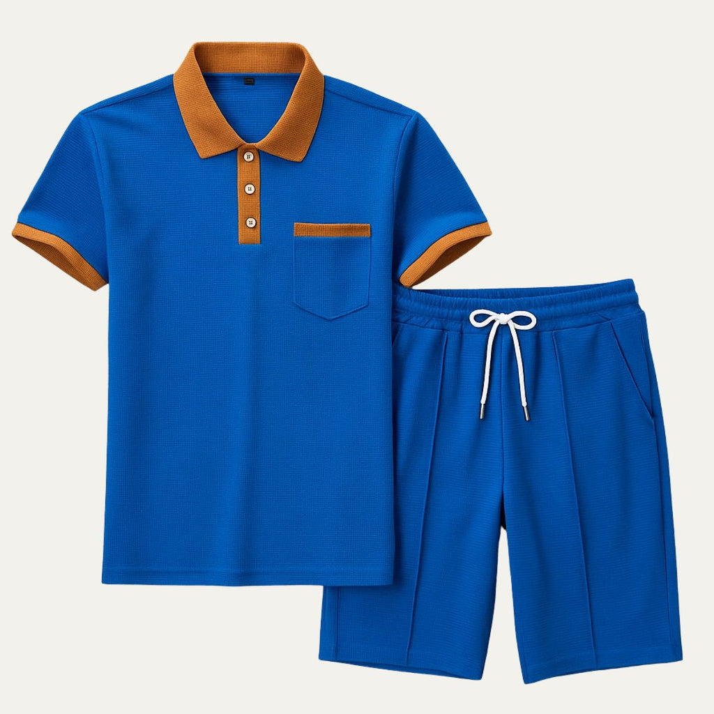 men's waffle texture short set with polo shirt drawstring shorts contrast trim