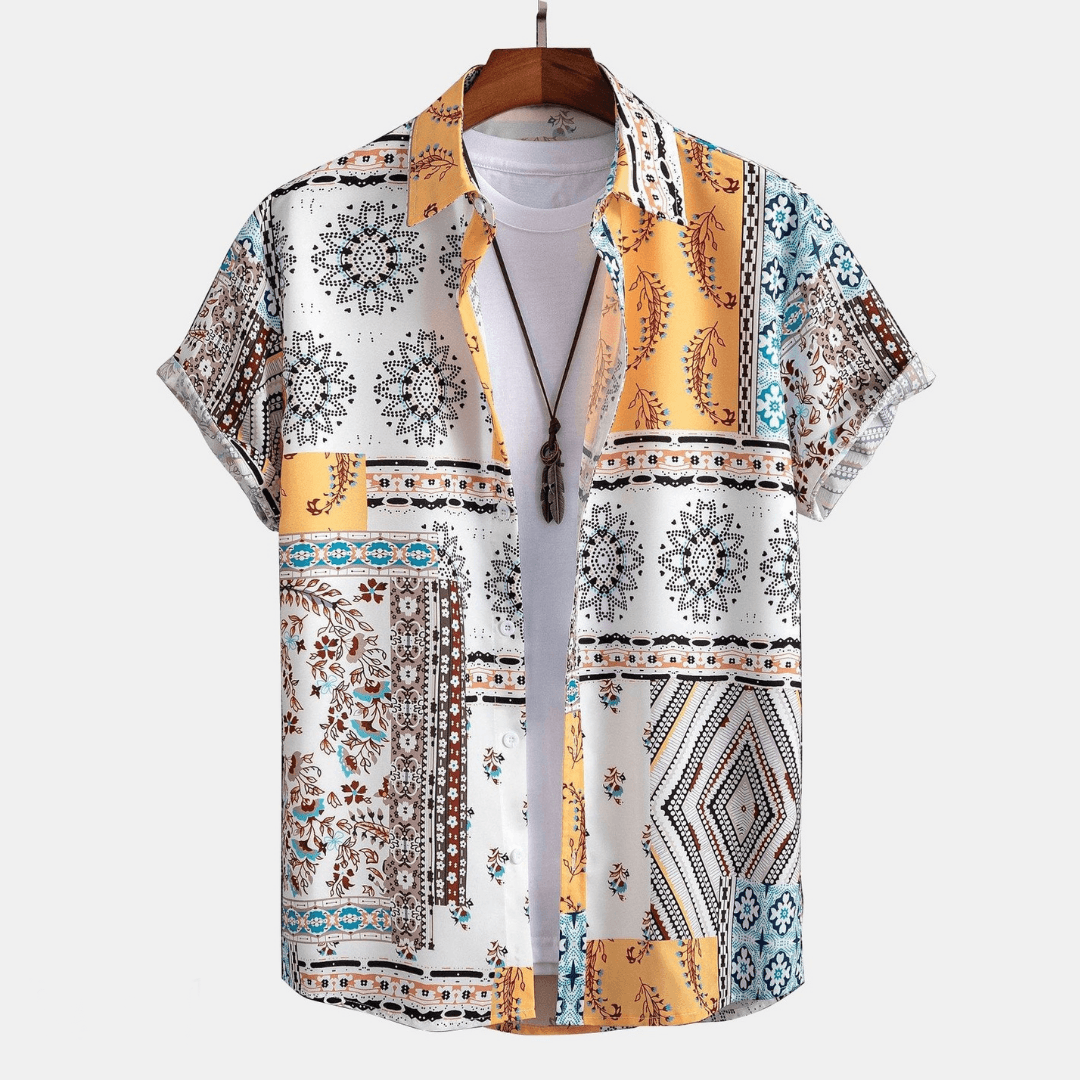 two piece set men's short sleeve printed shirt and drawstring shorts