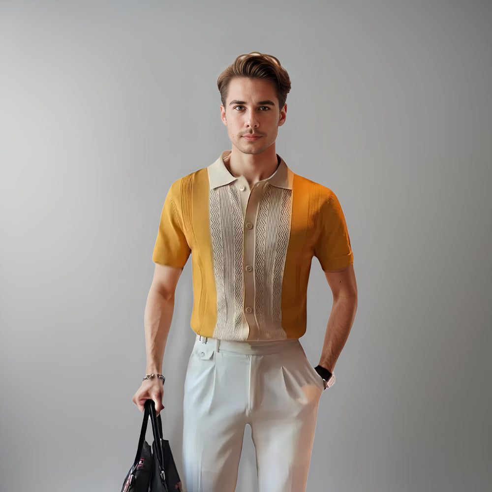 men's short sleeve polo shirt with contrasting center panel