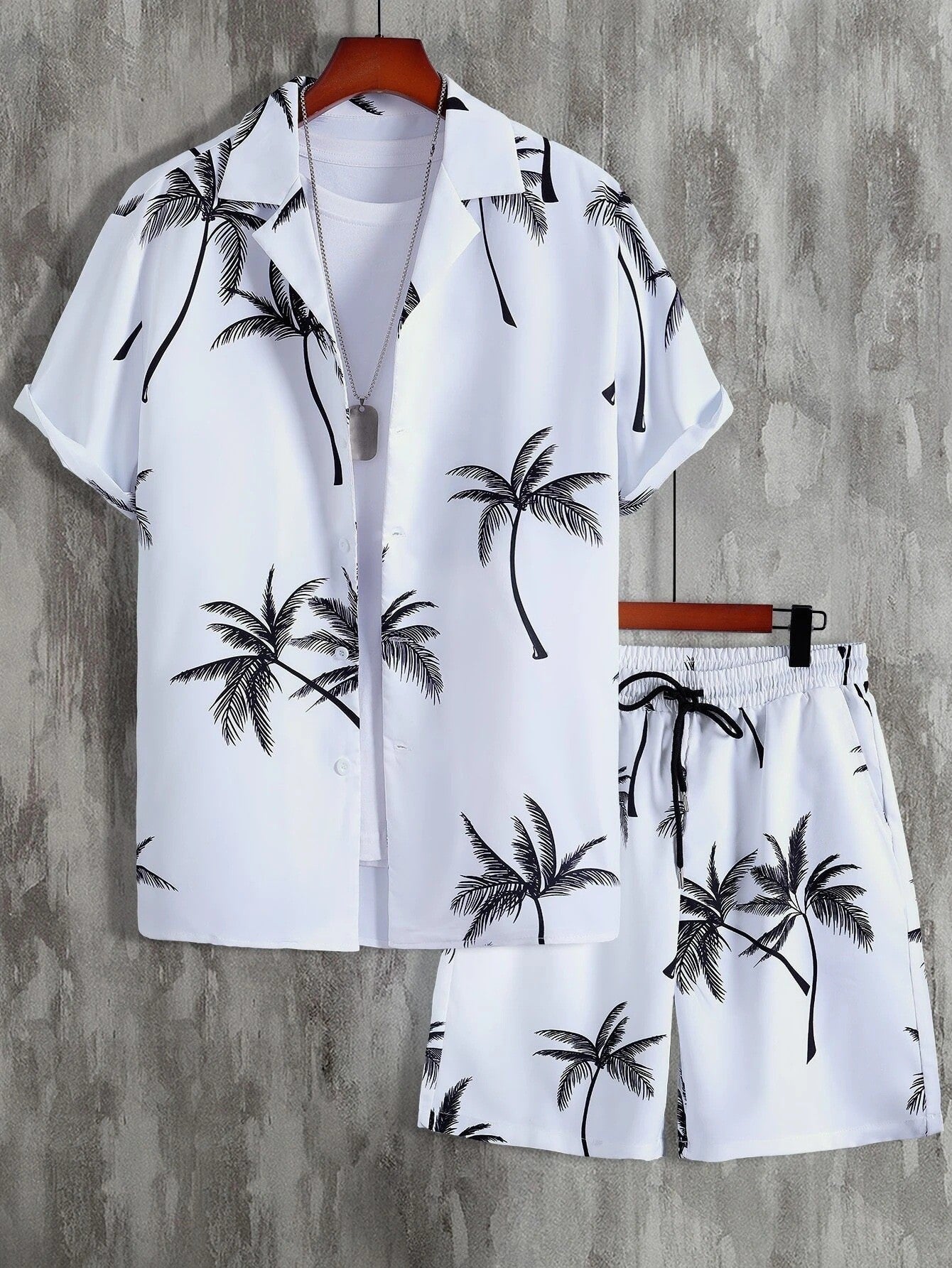 palm print short sleeve shirt and drawstring shorts two piece summer set for men