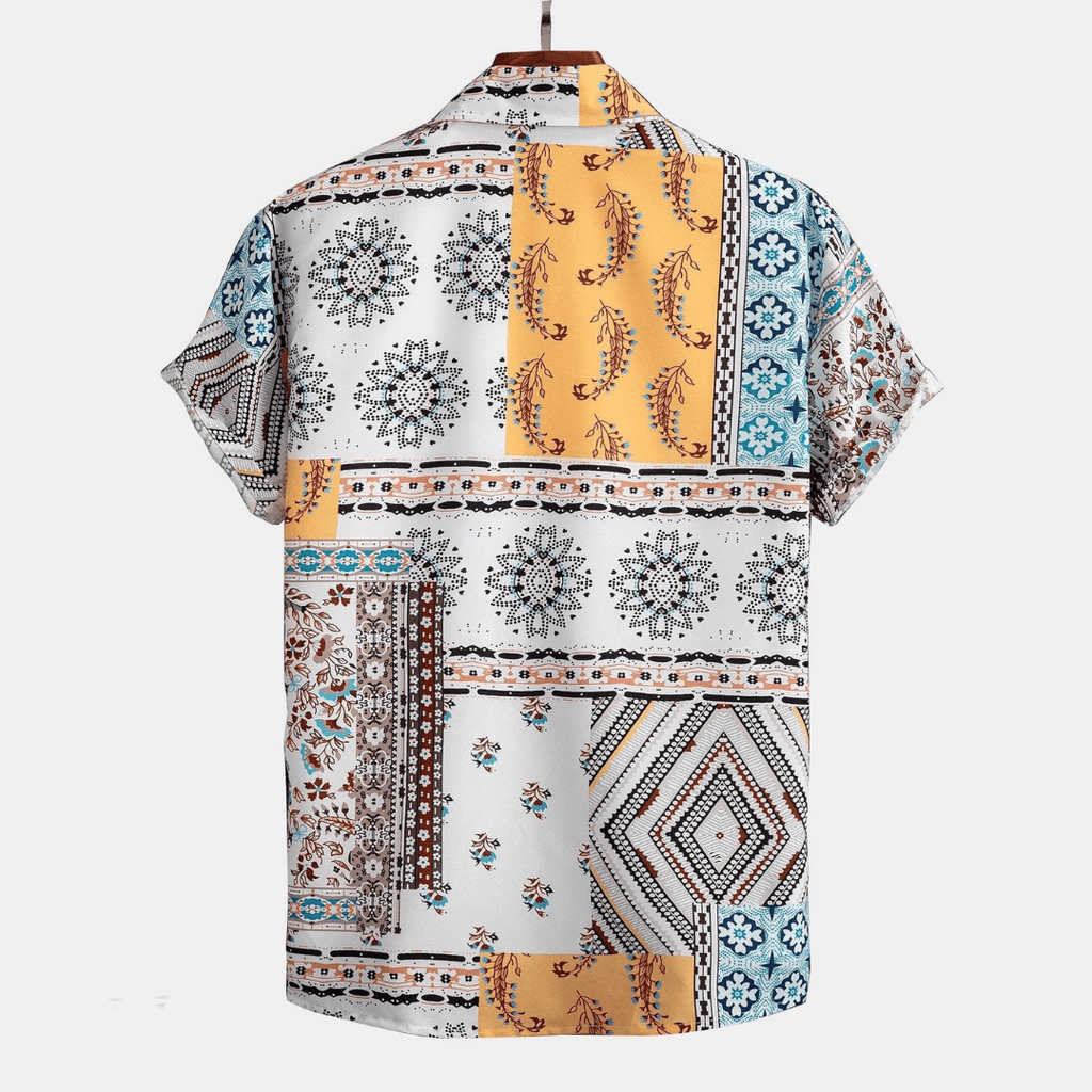 two piece set men's short sleeve printed shirt and drawstring shorts