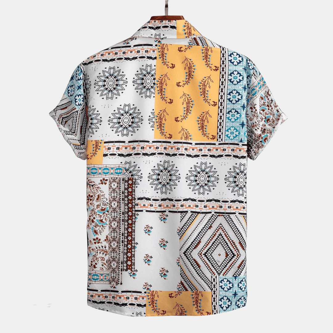 two piece set men's short sleeve printed shirt and drawstring shorts