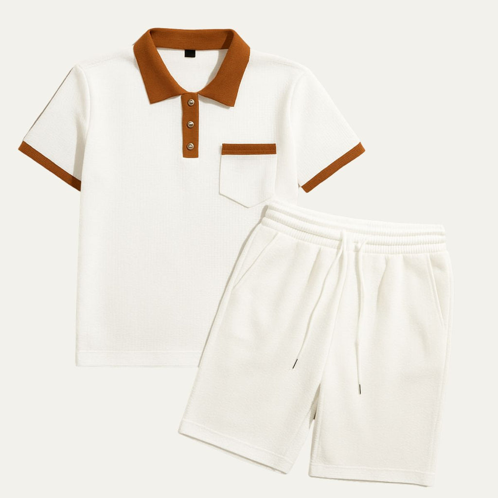 men's waffle texture short set with polo shirt drawstring shorts contrast trim