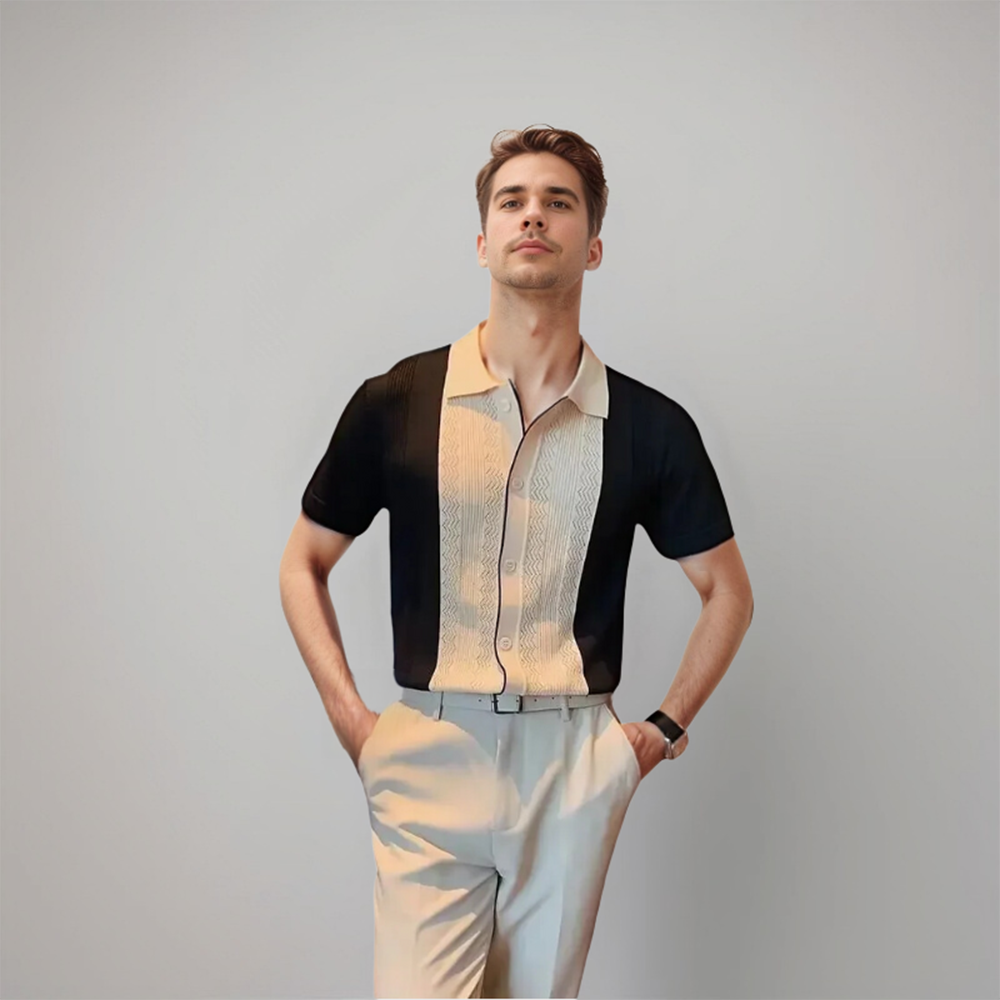 men's short sleeve polo shirt with contrasting center panel