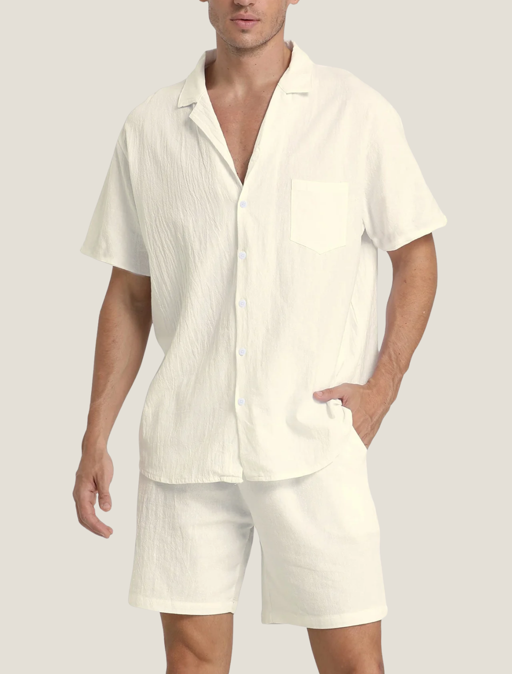 men's lightweight summer set with short-sleeve button shirt and drawstring shorts