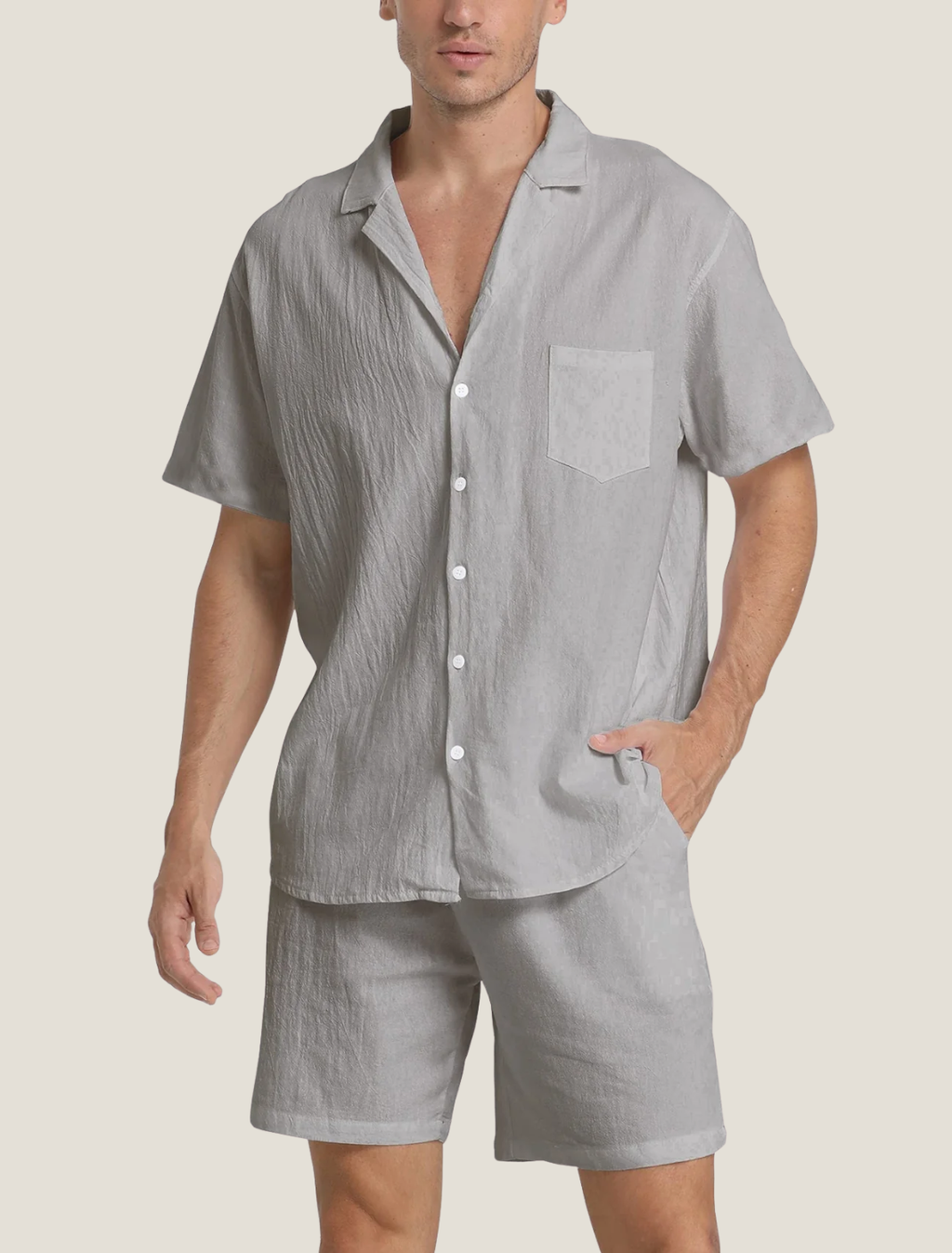 men's lightweight summer set with short-sleeve button shirt and drawstring shorts