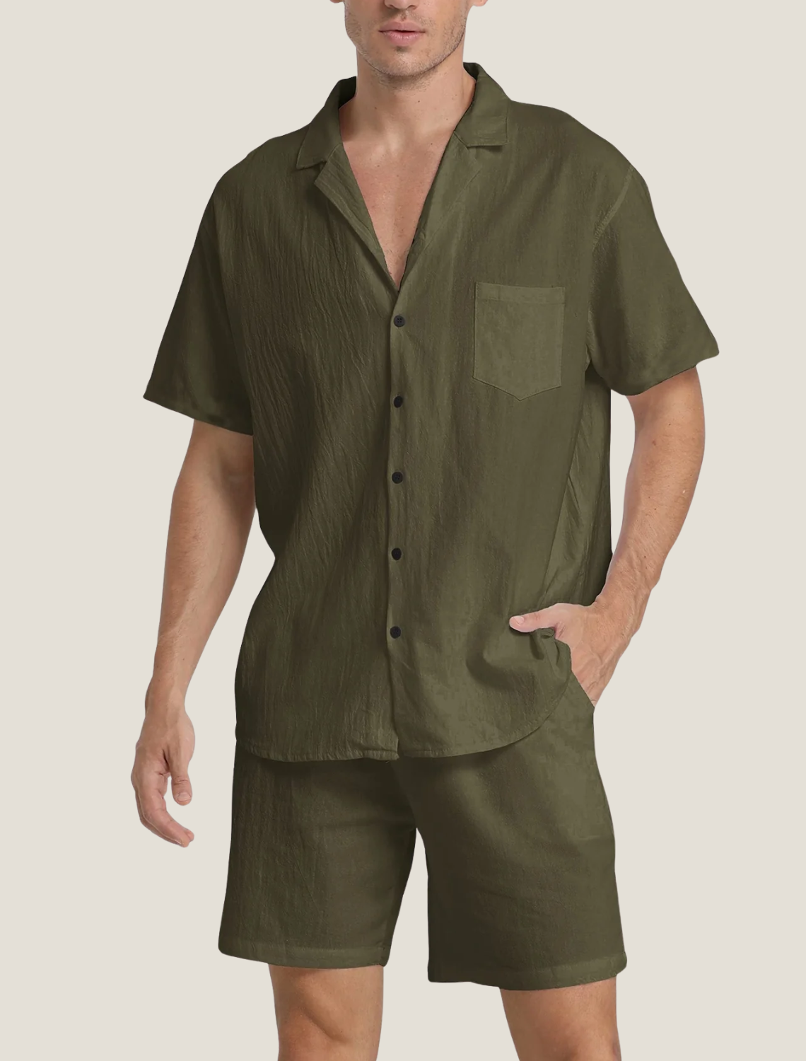 men's lightweight summer set with short-sleeve button shirt and drawstring shorts