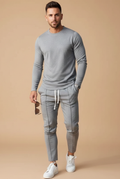 two piece set for men long sleeve crewneck top and slim leg drawstring trousers