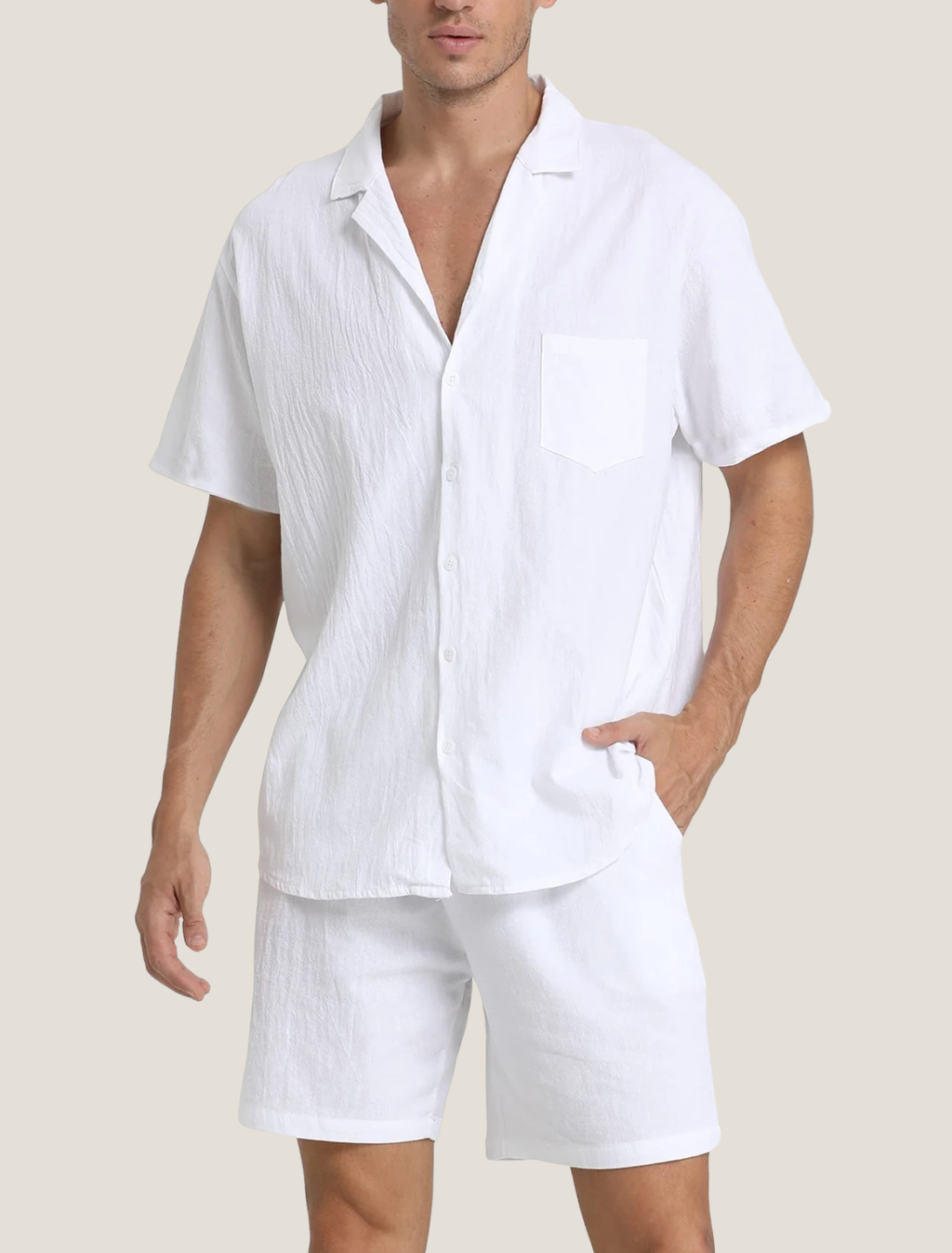men's lightweight summer set with short-sleeve button shirt and drawstring shorts