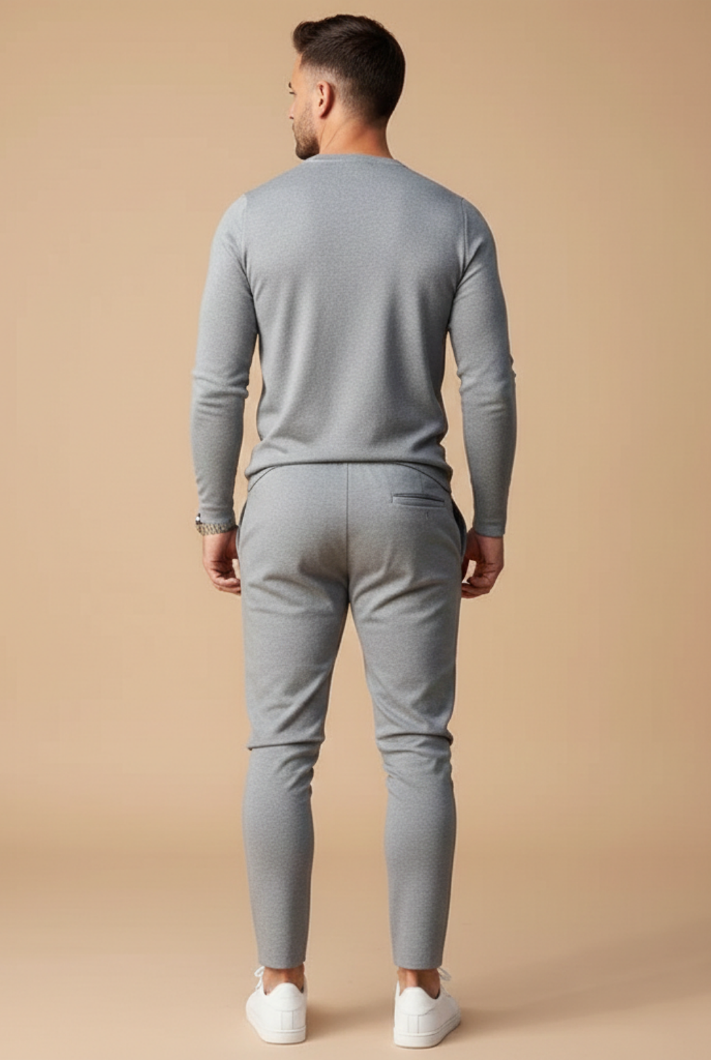 two piece set for men long sleeve crewneck top and slim leg drawstring trousers