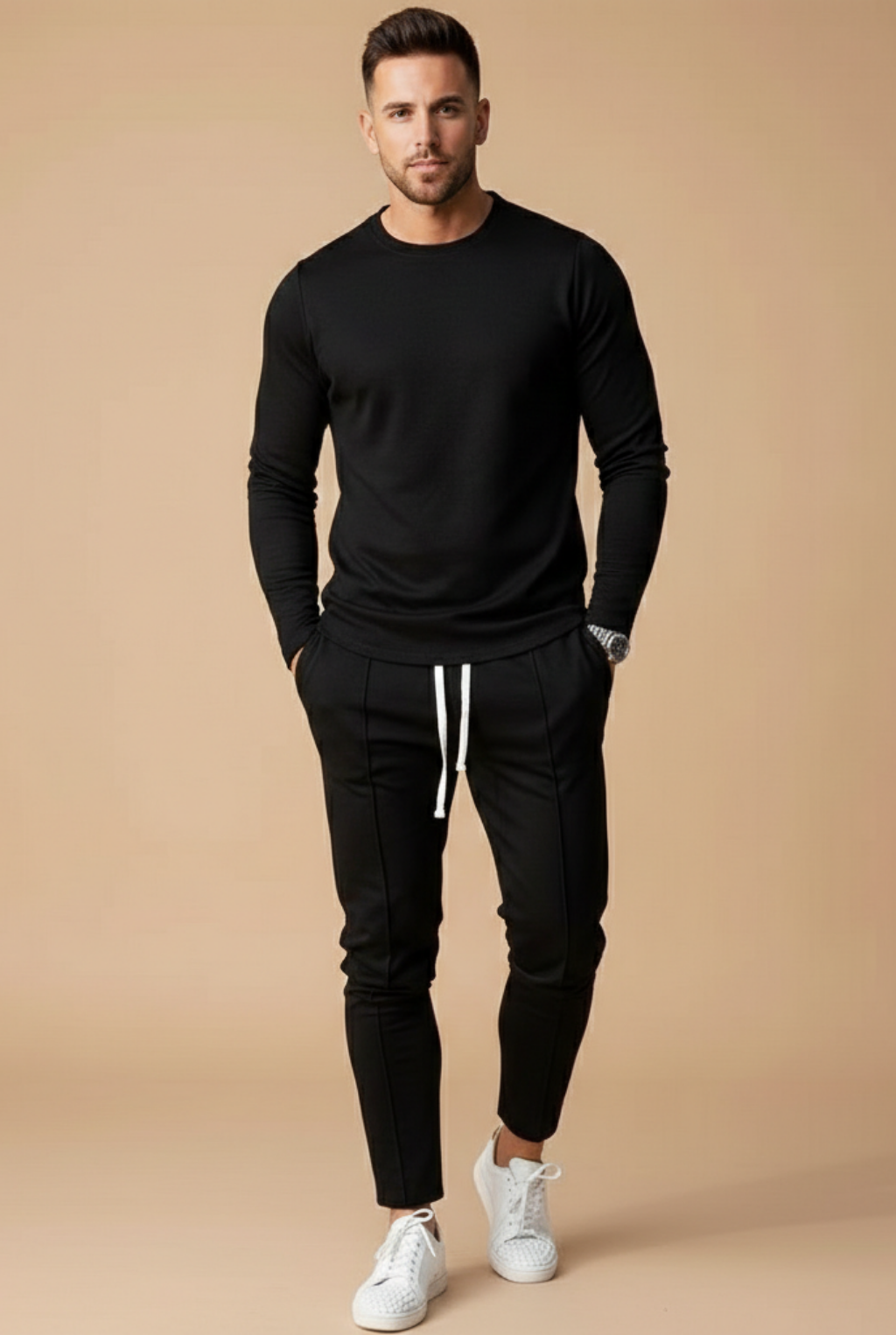 two piece set for men long sleeve crewneck top and slim leg drawstring trousers