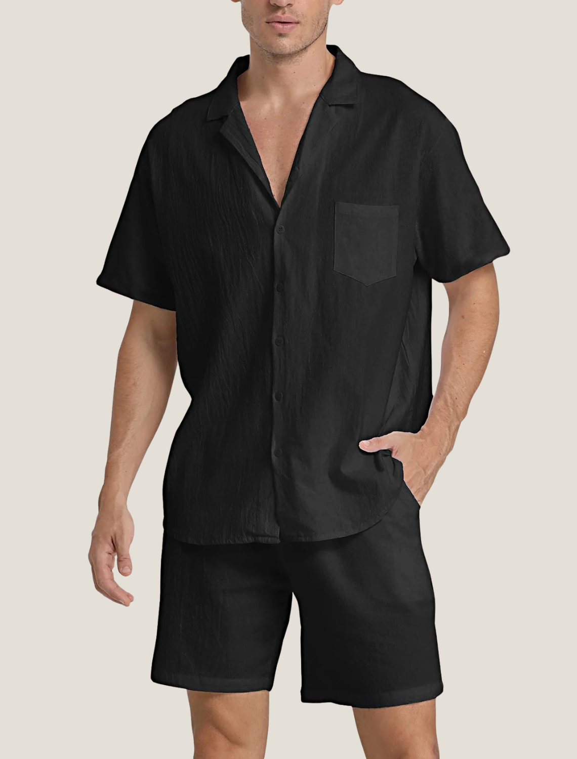 men's lightweight summer set with short-sleeve button shirt and drawstring shorts