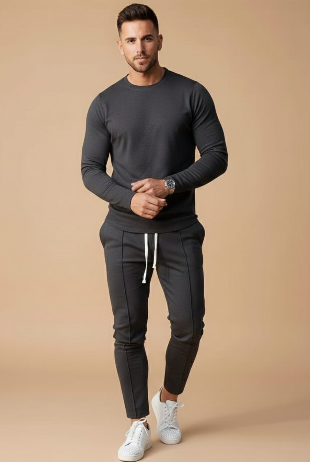 two piece set for men long sleeve crewneck top and slim leg drawstring trousers