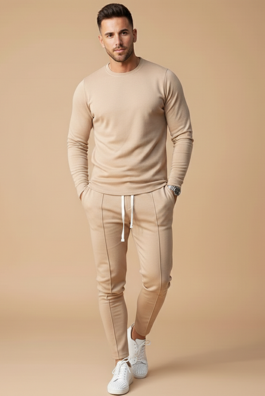 two piece set for men long sleeve crewneck top and slim leg drawstring trousers