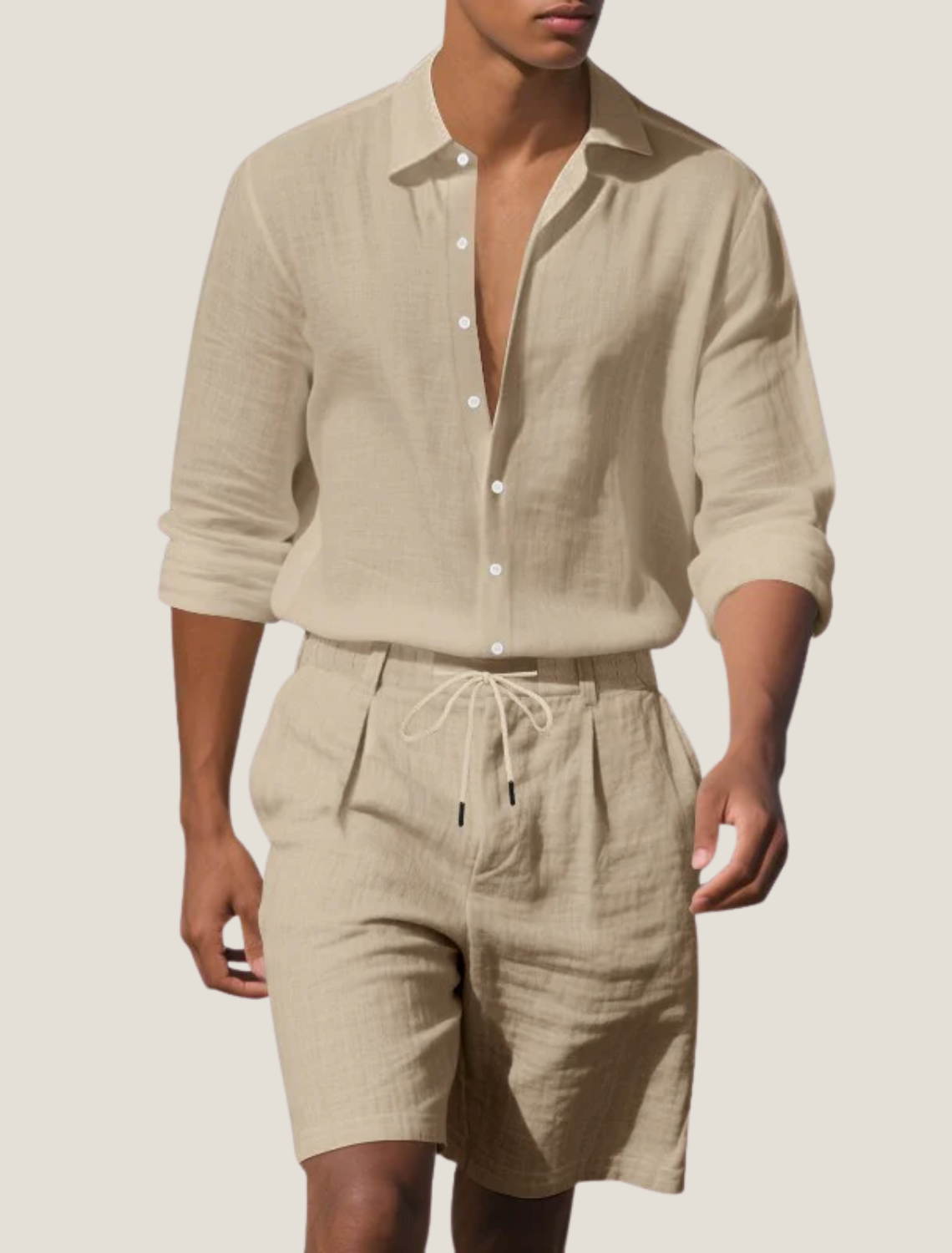 men's linen beach two-piece set with long sleeve button shirt and drawstring shorts