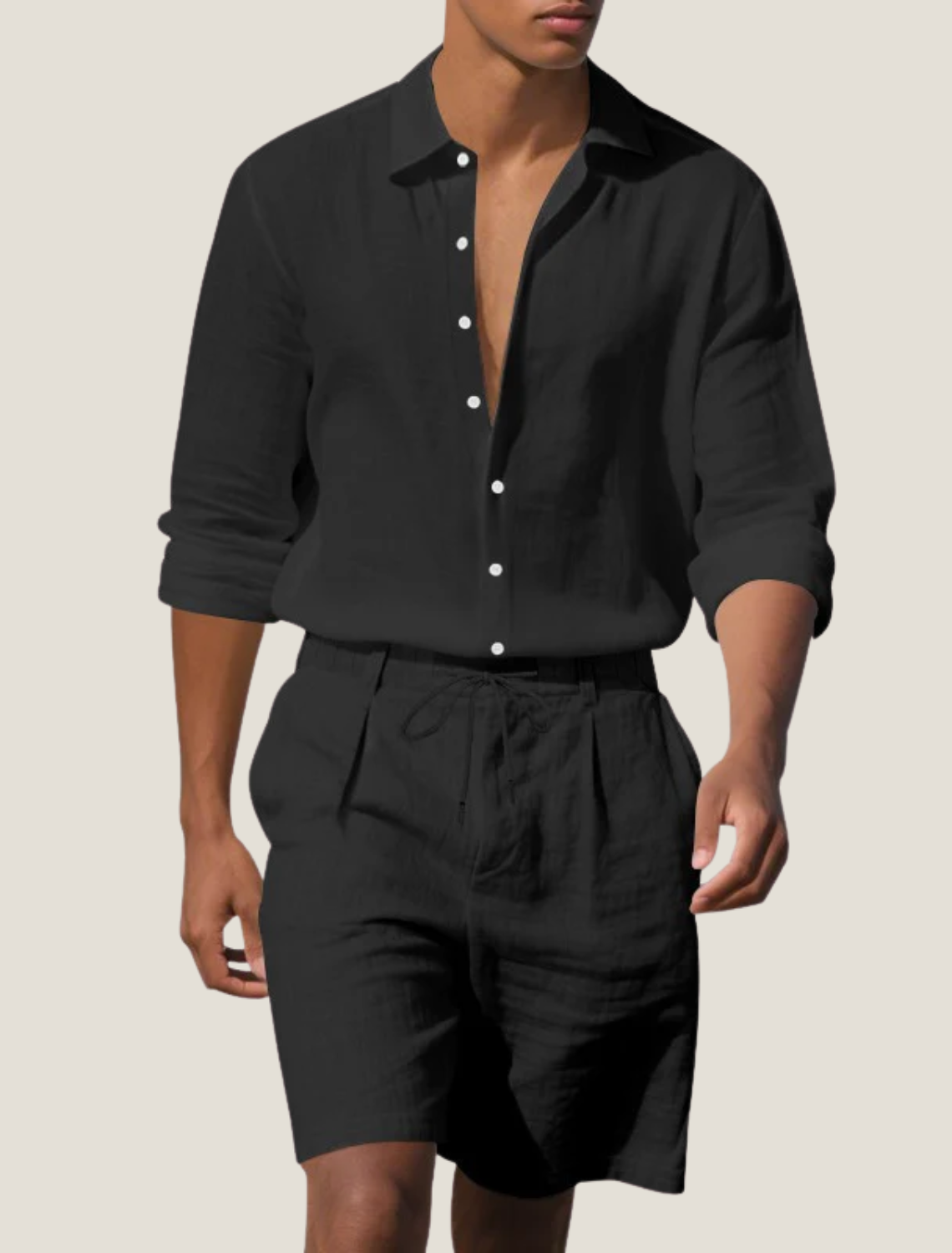 men's linen beach two-piece set with long sleeve button shirt and drawstring shorts