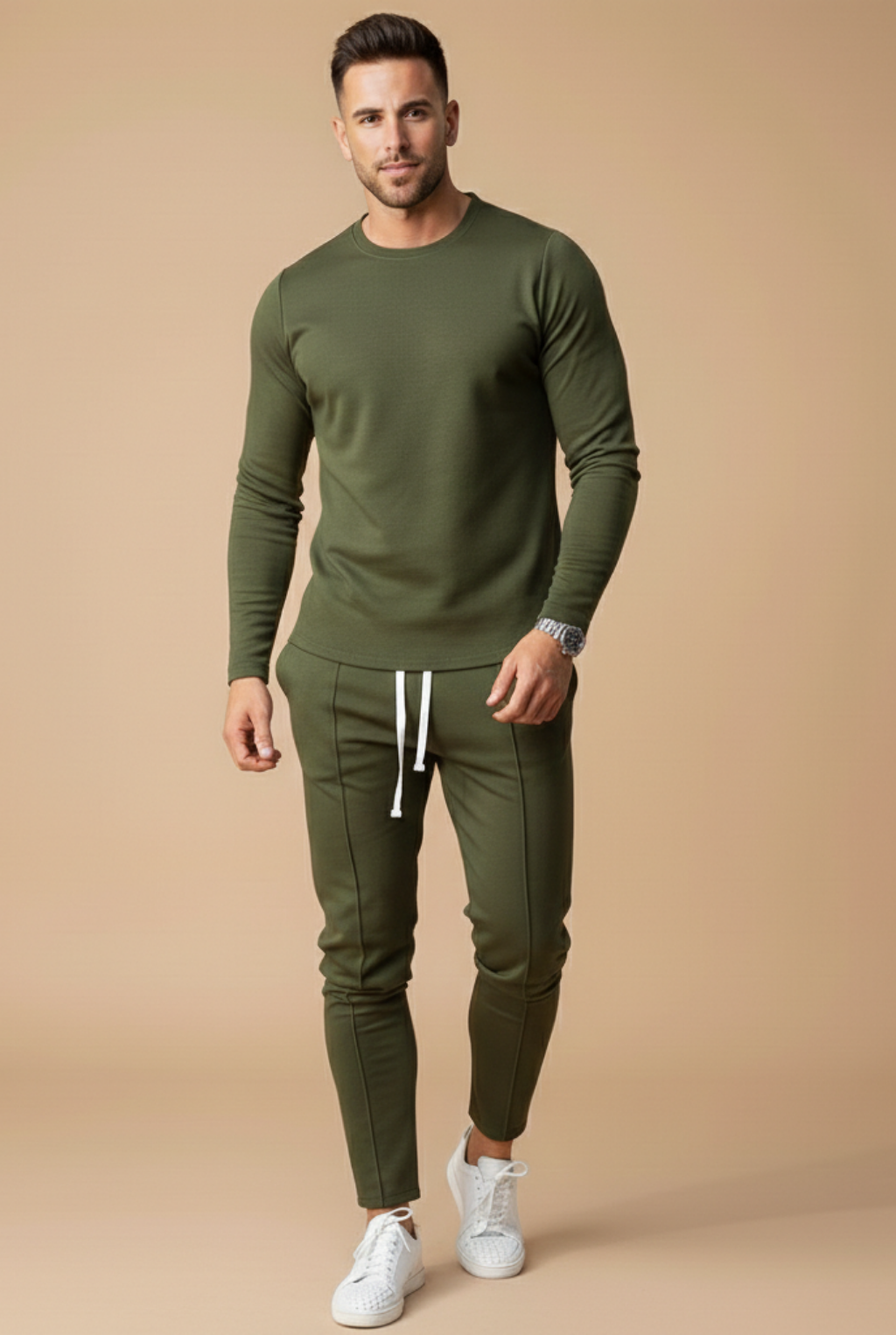two piece set for men long sleeve crewneck top and slim leg drawstring trousers