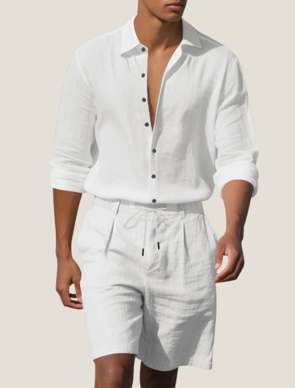 men's linen beach two-piece set with long sleeve button shirt and drawstring shorts