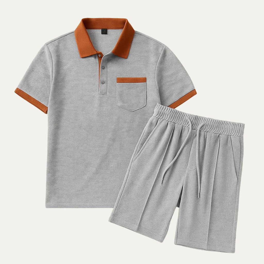 men's waffle texture short set with polo shirt drawstring shorts contrast trim
