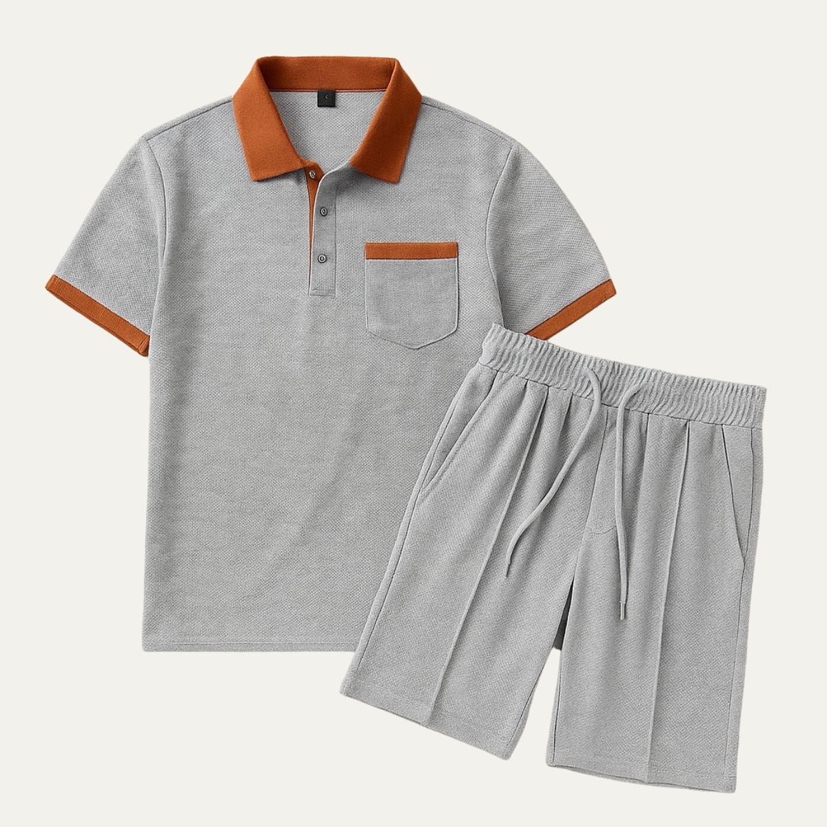 men's waffle texture short set with polo shirt drawstring shorts contrast trim