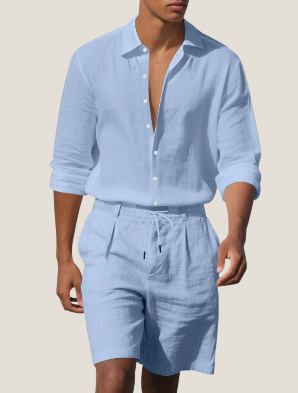 men's linen beach two-piece set with long sleeve button shirt and drawstring shorts