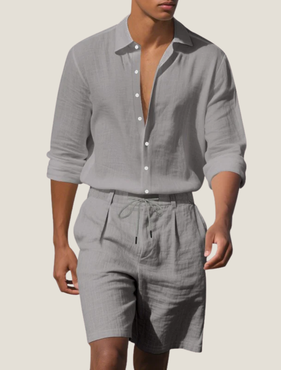 men's linen beach two-piece set with long sleeve button shirt and drawstring shorts