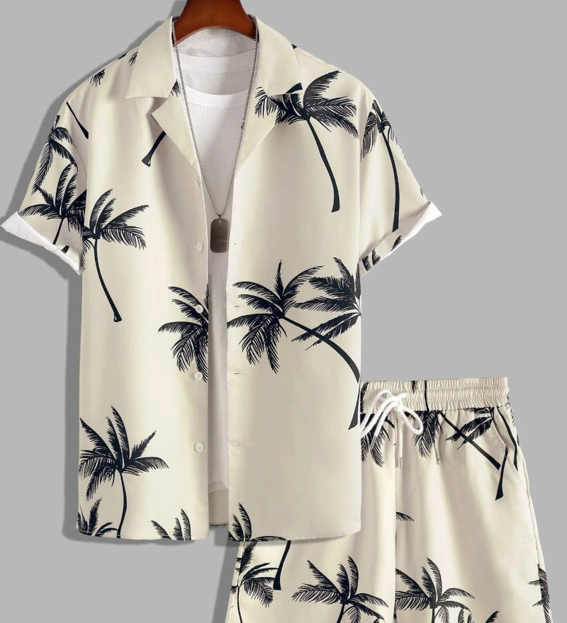 palm print short sleeve shirt and drawstring shorts two piece summer set for men