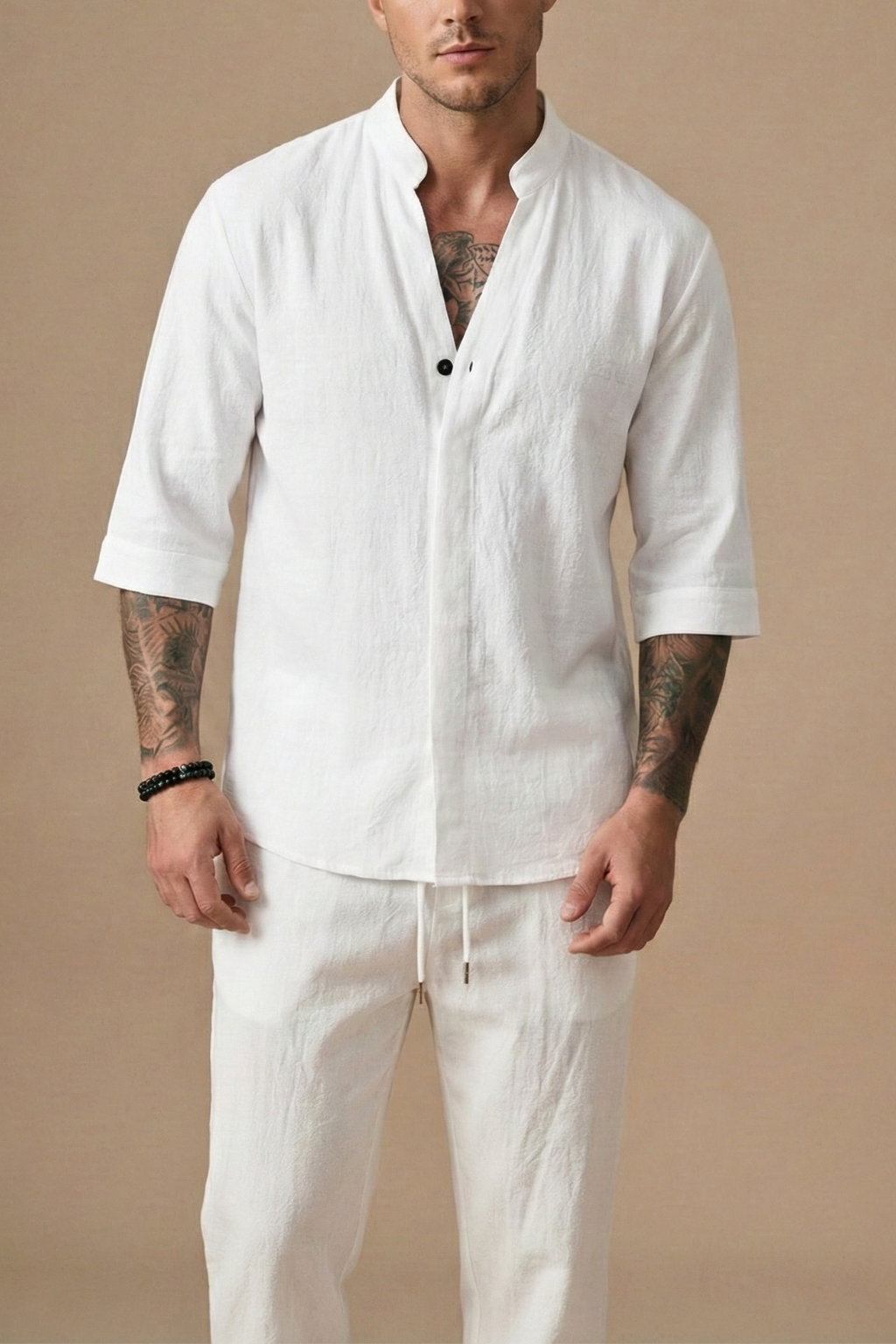 linen blend crinkle texture short-sleeve v-neck shirt and drawstring trousers